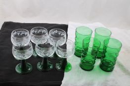 4 Emerald Green Glasses, 6 Etched Wine Glasses