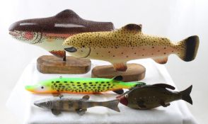 2 Folk Art Carved Fish Trout, 3 Spearing Decoys