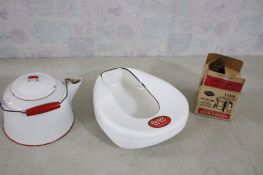 Enamelware Bed Pan & Teapot, Mini Popcorn Popper