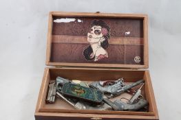 Wood Cigar Box, 8 Cap Guns, Harmonica Tin