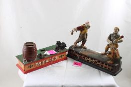 2 Cast Iron Banks Trick Dog & Home Town Battery