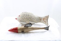 2 Old Carved Wood Fishing Spear Decoys