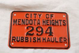 City of Mendota Heights Rubbish Hauler #294 Plate