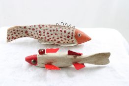 2 Old Wood Carved Fishing Spear Decoys