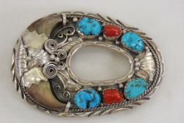 Sterling, Claw, Turqouise & Coral Belt Buckle