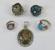 4 Sterling Silver Rings & Unakite Pendant