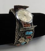 Sterling Turquoise & Coral Cuff Bracelet Watch