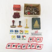 Vintage keys, razor, stamps, bank, patches & more