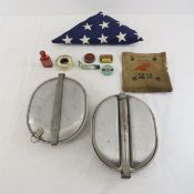 WWI Military mess kits, 1st aid kit & 48 star flag