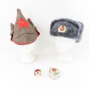 2 Russian Army Hats, Collapsible Cup & Badge