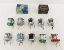 12 Vintage Bait cast Fishing Reels, 2 with boxes