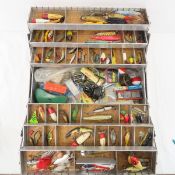 Vintage metal tackle box filled with lures & gear