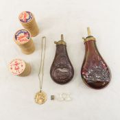 Vintage powder flasks, milk caps, necklace & more