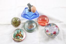 5 Vintage Paperweights & Blue Perfume Atomizer