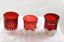 3 Antique Ruby Flash Glass Souvenirs