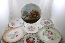 7 Antique Floral & Buck Fawn Plates & Charger
