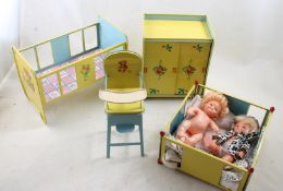 Set of 4 J Chein Tin Toy Furniture w/2 Dolls