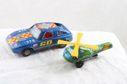 2 Japan Toys Tin Litho Friction Car & Helicopter