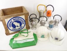 Burlington Northern Crate, Hard Hats, Lamps & Bag