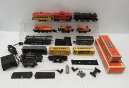 4 Lionel Boxcars and Engine, 50 Gang Car & Parts
