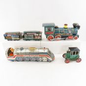 Vintage Tin Litho Trains And Car