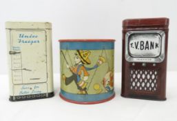 3 Vintage tin banks TV, Freezer, Drum