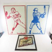 Miller Lite Mirror and Baseball & Football Art