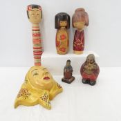 Wood Kokeshi Dolls, Lady in Scarf Mask & More
