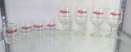 4 Hamm's Beer Barrel & 4 Stemmed Glasses