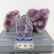 3 Amethyst Crystal Clusters With Flat Bases