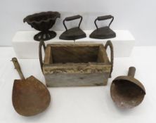 Cast Iron Planter, Sad Irons, Wood Box & More