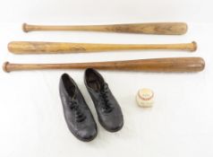 3 Vintage Baseball bats, ball & cleats