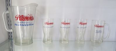 Hamm's Beer Pitcher, 3 Pilsners and Mug