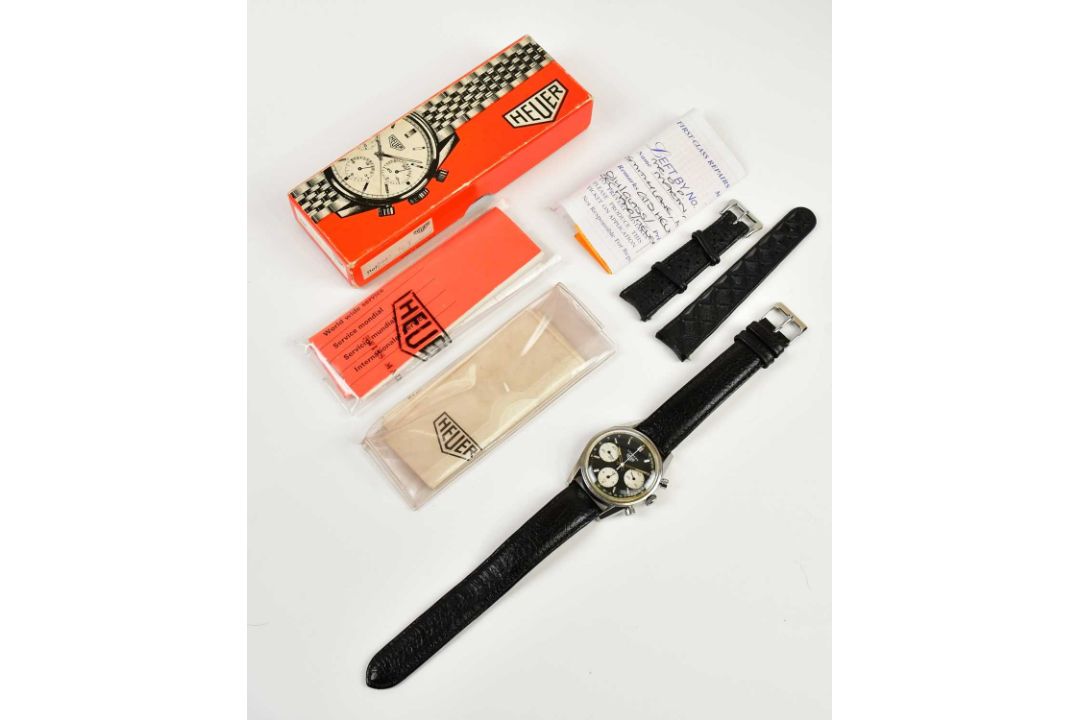 HEUER; a rare vintage gentleman's stainless steel Carrera chronograph wristwatch, the black dial set - Image 6 of 12