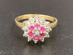 A ruby and diamond flower head and 9ct yellow gold cluster ring.