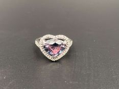 Heart shaped pink/blue, bi color Tourmaline & Diamond 18ct white gold ring
