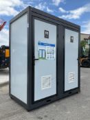 UNUSED DOUBLE STALL PORTABLE BATHROOM , SINK, TOILET, TOILET PAPER HOLDER, LIGHTS, APPROX 48 W x 81