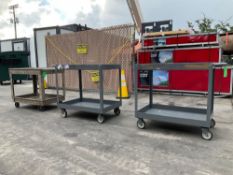 ( 1 ) RUBBERMAID SERVICE CART WITH ( 2 ) ROLLING CARTS...