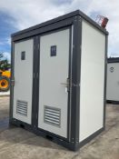 UNUSED PORTABLE DOUBLE BATHROOM UNIT, 2 STALLS, ELECTRIC & PLUMBING HOOK UP WITH EXTERIOR PLUMBIN...