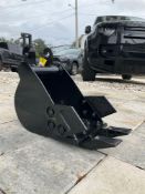 ( 1 ) UNUSED BUCKET WITH TEETH ATTACHMENT FOR MINI EXCAVATOR, APPROX 8IN WIDE...
