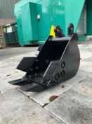 ( 1 ) UNUSED BUCKET WITH TEETH ATTACHMENT FOR MINI EXCAVATOR, APPROX 8IN WIDE...
