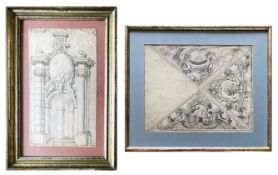 Zwei Tuschezeichnungen, Architekturdarstellungen, 18. Jh., Italien: Von zwei Säulen gesäumter