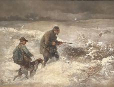 Anton Burger, Jagd im Schnee. Jäger mit Jagdgehilfen und Jagdhund, Öl/Lwd, signiert und datiert: 