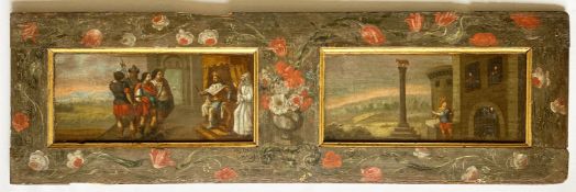 Italien, 2 christliche Szenen, Öl/Holz, wohl ehemalige Tür, teils ausgebrochen, Altersspuren, 165