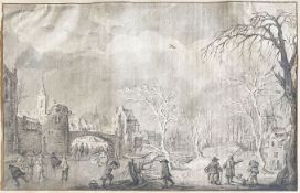 M. Schoumann, Altmeisterzeichnung, vielfigurige Winterlandschaft, rückseitig signiert, bez. 