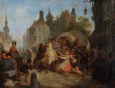 Holländischer Künstler, Figurenszene eines Unfalls mit Planwagen und vielen Figuren in