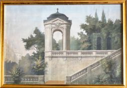 Unbekannter Maler, 19. Jh., Architekturkulisse, Gartenanlage eines Schlosses, Altersspuren, kleine