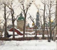 Nicolas BARTCHENKOV (1918), Schneelandschaft mit Blick durch Bäume auf orthodoxe Kirchen mit