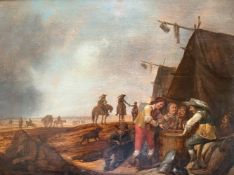 Niederländischer Künstler, 17./ 18. Jh., Rast an Taverne mit verschiedenen Männern, die vor zwei