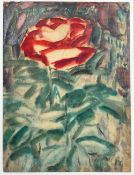 Christian Rohlfs (1849-1938), Rote Rose mit üppigem Blattwerk vor einem bewegten mehrfarbigen
